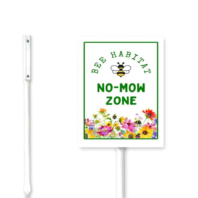 BidesignBidesign (8x12) IN Bee Habitat No Mow Zone Yard Sign With Metal Stake Do Not Mow Lawn Sign Stand Kit Outside Garden Farm Save Bees Tin Pollinator Signs Widflowers Outdoor Decorations