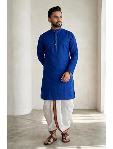 Image of UNIQUE MOMENTS Men's Cotton Dhoti Kurta Set with Full Sleeves Solid Pattern Modern Style and Mandarin Collar Neck | Perfect for Puja & Celebrations