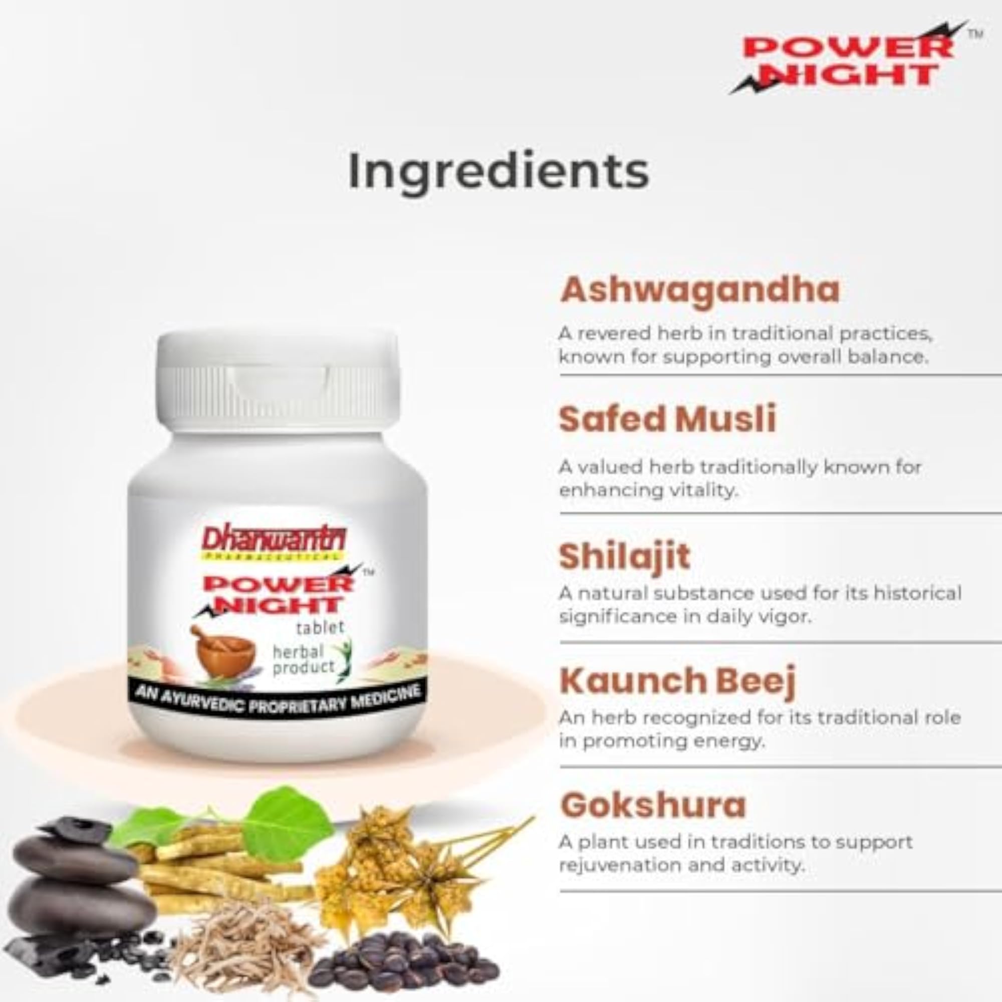 Power Night Ayurvedic Tablets for Energy & Vitality, Herbal Formula