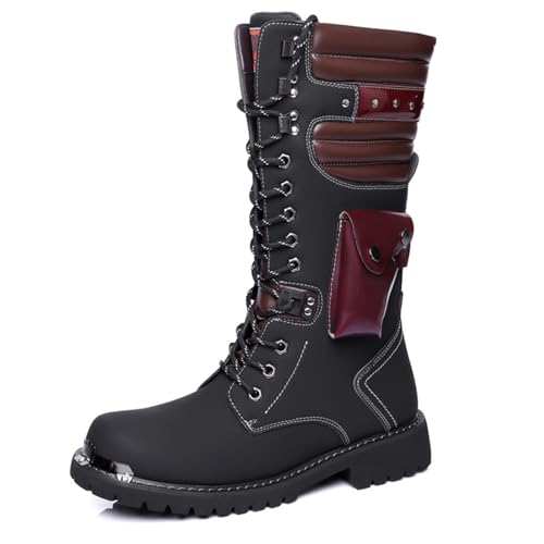 Men's Leather High Top Lace Up Motorcycle Boots Mid-Calf Military Tactical Combat Boot Buckle British Metal Biker Riding Punk Rock Backpacking Shoes