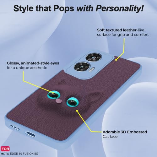Image of AESTMO Back Case Cover for Moto Edge 50 Fusion / G85 5G Back Cover | 3D Cat Cover | Leather Finish | Full Body Protection | Camera Protection Back Cover for Moto Edge 50 Fusion / G85 5G (Purple)