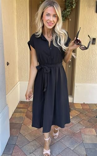 ECOWISH Womens Casual Midi Dresses Solid V Neck Short Sleeve Button Shirt Belted Dress with Pockets for Spring Summer 20253