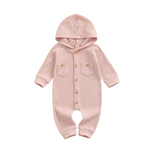 Image of Ynibbim Winter Newborn Baby Boy Girl Solid Romper Unisex Infants Hooded Outfit Clothes Waffle Cotton Button Jumpsuits