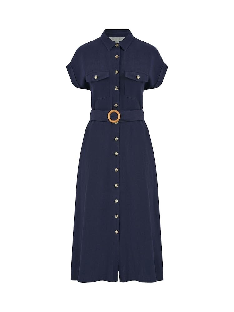 Yumi Women's Navy Viscose Linen Look Midi Shirt Dress With Wooden Belt Size 8