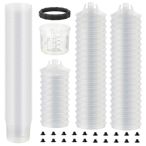 HUGEBO Disposable Paint Sprayer Mixing Cup Kit with 125 Mic 6.7 Ounce (200ml) Kit 50 Cup Liners,50 Lids, 1 Hard Cup,1 Retainer Ring and 20 Plugs