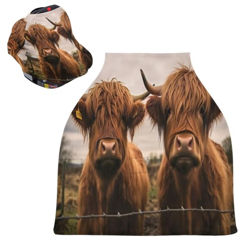 Image of YETTASBIN Highland Cow Baby Car Seat Cover, Stretchy Canopy Cover Soft Breastfeeding Cover Breathable Infant Stroller Cover for Newborn Girl Boy