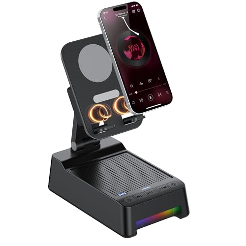 Wireless Induction Speaker, 5 in 1 Bluetooth Speaker with Phone Stand and Power Bank(3000mAh), Birthday Gifts for Men Women Teens, LED Lights 360° Rotation Phone Holder Compatible with Phones iPad