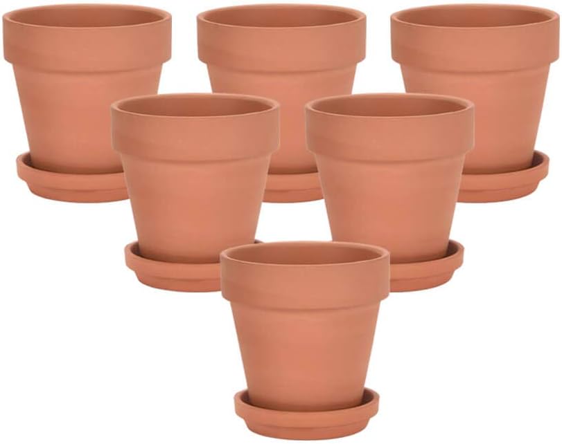 Terracotta Flower Plant Pots Indoor-5 Inch Terracotta Planter Pot with Wooden Pattern, 2 Pack Modern Rustic Round Flower Pots Indoor with Drainage Hole for Indoor Plant Include Terra Cotta Tray