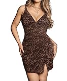 Popilush Cocktail Dresses for Women Built in Shapewear Thong Cocktail Party Club V Neck Summer Leopard Print Mini Dress