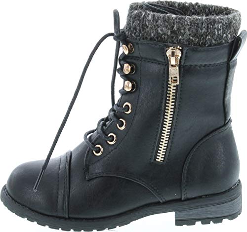 Link Mango-31 Girls Kids Round Toe Military Lace Up Knit Ankle Cuff Low Heel Combat Boots2