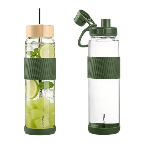 LOOFORE 1000ml 1L Glass Water Bottle 2 Lids with Straw and Handle