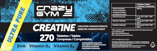 Creatina – Complemento alimenticio con Monohidrato de Creatina, Vitamina D3, Vitamina B6 y Zinc – 270 Comprimidos (334 g) – 67 Porciones Diarias (Sabor Neutro)