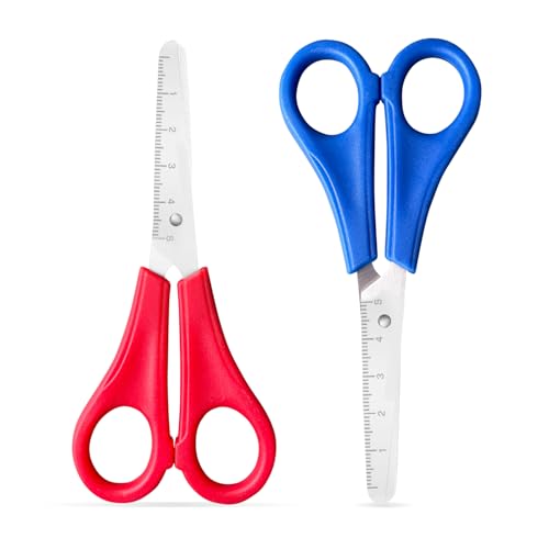 2 Stück Kinderschere, Schere Schule Bastelschere Kinder, Kinderscheren Schere mit Stumpfer Spitze Lernschere mit Skala, Kunststoffgriff Abgerundete Spitzen Scheren DIY Handwerk