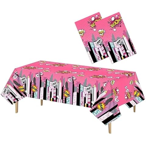 YiYou Superhero Plastic Tablecloth Pink 2 Pack 51 x 87 Inches Superhero Party Decorations Rectangle Disposable Hero Table Cover Super Hero Theme Birthday Party Supplies Cover