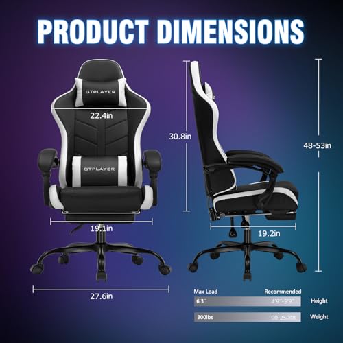 GTPLAYER Gaming Chair, Ergonomic Game Computer Chairs with Foot Rest for Adults, Adjustable PC Game Chair with Reclining Function and Comfortable Headrest for Home and Office Use (White)