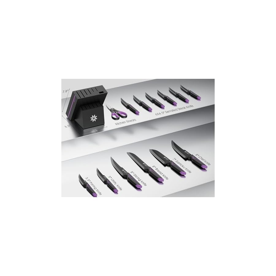 ASETY Knife Set, 15 PCS Kitchen Knife Set with Built-in Knife Sharpener Block, Stainless Steel Knife Block Set, Dishwasher Safe Mordern Knife Set, Elegant Box for Men Women