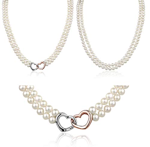 Massete White Round Freshwater Cultured Pearl Double Strand Necklace For Women Sterling Silver Rose Gold Plated Double Heart Clasp 4.5Mm 18" #TOP1