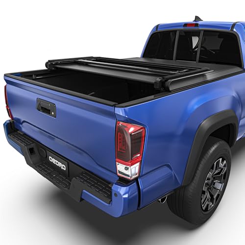 Image of oEdRo Soft Tri-fold Truck Bed Tonneau Cover Compatible with 2016-2023 Toyota Tacoma with 6ft Bed, Fleetside with Track Rail System (Excl. Trail)