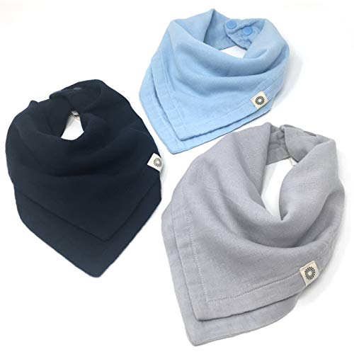 Indi by Kishu Baby - GOTS Organic Muslin Bandana Bibs - Fairtrade, Super Soft, Ultra Absorbent (Navy, Gray, Baby Blue)