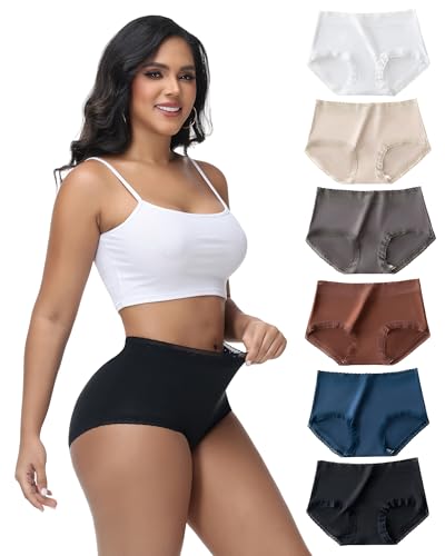 bropapa Unterhosen Damen Baumwolle Stretch Bauchweg Atmungsaktive Panties Hohe Taille Taillenslip Weiche Bequeme Unterwäsche Schlüpfer mit Spitze für Frauen 6er Pack (Mehrere Farben)