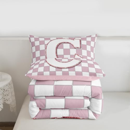 Image of Erosebridal Pink Initial C Bedding Set Full Kawaii Plaid Checkered Comforter Set for Kids Girls Teen Women Cute Personalized Monogram Down Comforter,Fashion Grids Gingham Quilt Duvet
