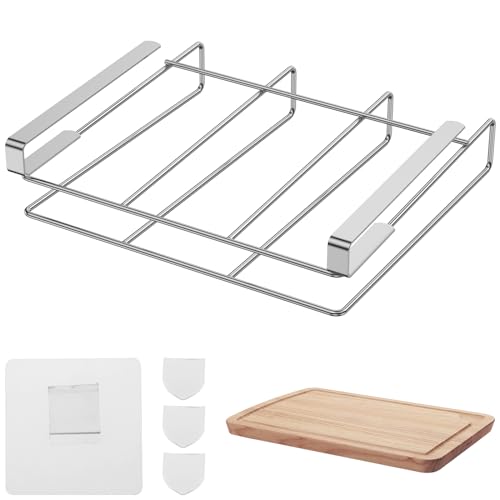 YLMFTNU Under Cabinet Cutting Board Holder, Hanging Chopping Board Rack, No Drill Cutting Board Hanging Shelf, Stainless Steel Vertical Horizontal Cutting Board Hanger, Cutting Board Organizer