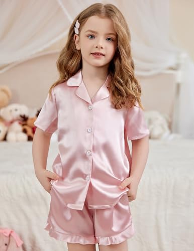 Image of Arshiner Girls Pajamas Silk Satin Pajama Set Button Pjs Ruffle Sleepwear | 2 Piece Nightwear, Silky Soft Lounge for Little & Big Kids, Ideal for Sleeping and Sleepover Party