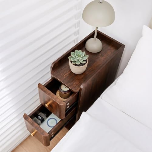 Image of Narrow Nightstand Set of 2, Wooden Small 2 Drawer Nightstand, Slim Side End Table, Skinny Bedside Table, Mid Century Modern Night Stand with Drawers for Bedroom (Cherry Walnut-2 pcs)