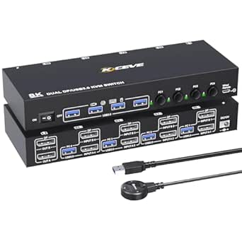 4 Computers KVM Switch with Dual Monitor Support, 8K@60Hz, USB 3.0, Wired Controller, and 12V Adapter
