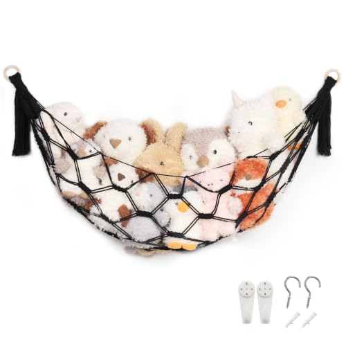 Pretty Jolly Hamaca de almacenamiento de animales de peluche, soporte organizador para colgar en la pared en forma de luna, decoración bohemia para habitación de bebé, para niñas y niños (negro)