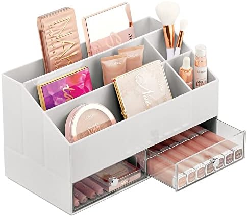 mDesign Cosmetic Organiser  Makeup Organiser with 5 Compartments and 2 Drawers  for Beauty Product and Makeup Storage  Light Grey/Clear
