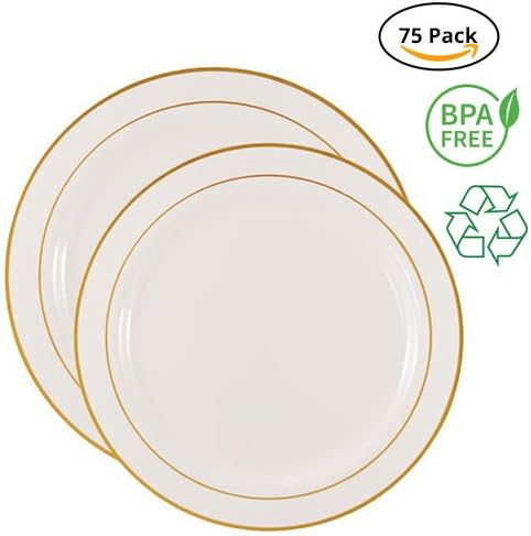 Party Joy 75-Piece Plastic Dinnerware Set | Gold Lines Collection | (25) Dinner Plates, (25) Salad Plates & (25) Bowls| Heavy Duty Premium Plastic Plates for Wedding, Parties, Camping & More
