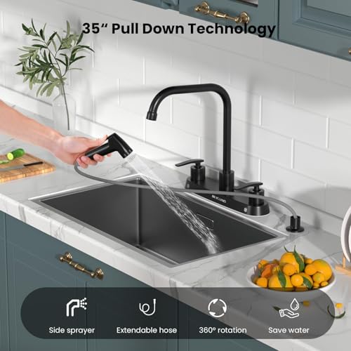 Image of 4 Hole Kitchen Faucet with Sprayer, Two-Handle Stainless Steel High Arch 8 Inch Centerset Sink Faucets with Side Sprayer for Commercial RV Laundry Utility Kitchen Faucet (Matte Black)