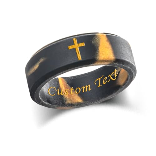 Christian Silicone Rings for Men & Women - 8.2mm Wedding Bands with Gold Plated Cross & Engraved Bible Verse, Two-tone Bevel Edge Religious Jewelry, Size 5-13