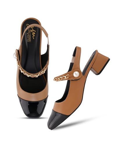 Image of JM LOOKS Women's Elegant Block Heel Slingback Pumps with Decorative Chain and Pearl Accent Detail Straps