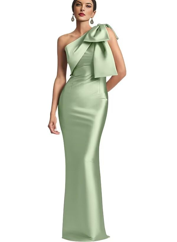Image of One Shoulder Bridesmaid Dresses with Bow Long Mermaid Satin Back Slit Mother of The Bride Dresses PM004