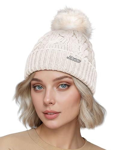Neverless® Damen Strickmütze mit Bommel Grobstrick Pudelmütze mit Fellbommel Fake Fur Wintermütze Creme Unisize