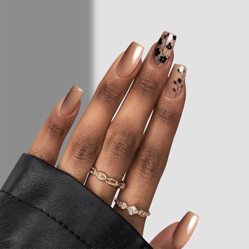 SEMATA Light Brown Acrylic Press on Nails Medium Long Square Nails Press ons Coffin Spring Glue on Fake Nail with Black Flower Designs Reusable Artificial Stick on False Nail for Women 24Pcs — view 2