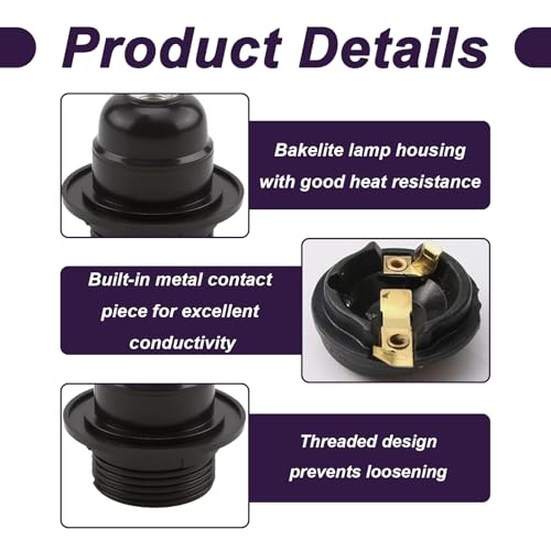 2 PCS E27 Lamp Holder, Edison Screw Lamp Holder, Black Bakelite Lamp Fitting with Shade Ring, 10mm Threaded Entry, Safety Lock, DIY Table Lamp Pendant Fitting for Vintage Retro LED & Halogen Bulbs - Image 3
