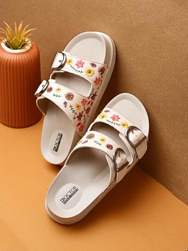 Image of Women Floral Double Strap Buckle Slides | Embroidered Casual Slip-On Sandals for Girls | Lightweight Anti-Slip Comfortable Everyday Wear Flats