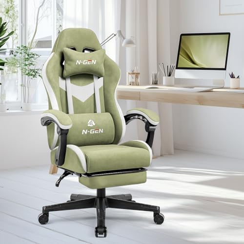 Image of N-GEN GAMING Video Gaming Chair Office Computer Desk Use Ergonomic Reclining Backrest Adjustable Armrests Lumbar Support Footrest High Density Foam Breathable Fabric Heavy Duty Base (Green)