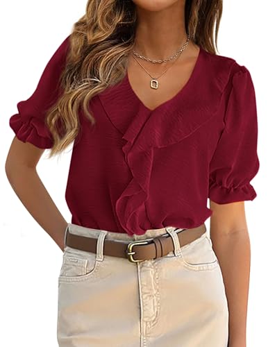 PRETTYGARDEN Women's Summer Dressy Casual Blouses 2026 Short Sleeve V Neck Ruffle Business Work Tops Trendy Spring Outfits (Burgundy,Medium)
