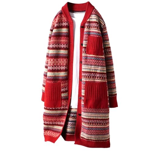 [フェイミー] ロング ニット カーディガン 総柄 秋 冬 アウター セーター レディース ガウン 長袖 ラウンドネック レッド 赤 062 RD