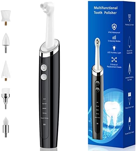 Pelzzle Tooth Polisher, Rechargeable Teeth Cleaning Kit for Daily Teeth Cleaning, Whitening and Polishing, Electric Dental Teeth Polisher with LED Light, 5 Brush Heads, 5 Speed Modes, Waterproof