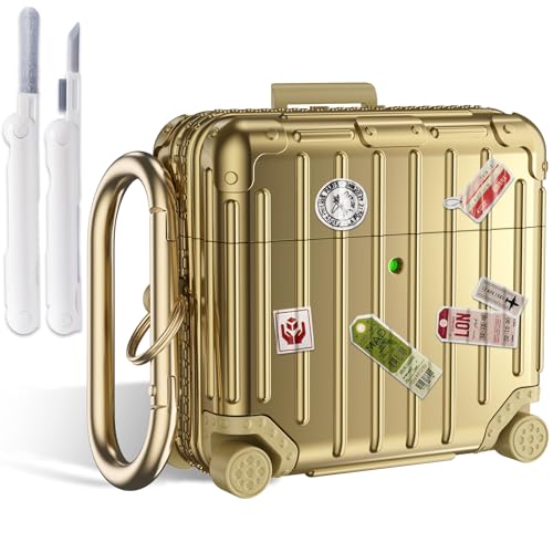 V.R.HOPE Custodia compatibile con AirPods 4 Case Cover, Funny Suitcase Design Custodia protettiva per Airpods 4 generazione 2024, Cute Fashion Protective Hard Case con Cleaner Kit e Moschettone - Oro