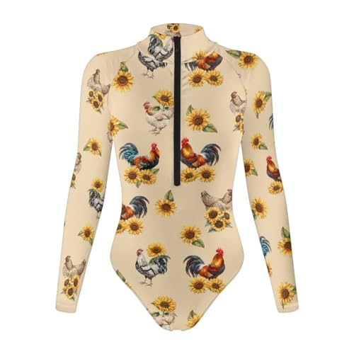 Yewattles Sunflower Rooster Women's Long Sleeve Bodysuit Zipper Half Fashion Lined Mock V Neck Half Zipper Body Suit Tops Snap Closure Soft Bottom for Swim Beach Party Sports Competitions