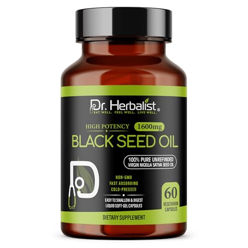 Image of Dr. HERBALIST Black Seed Oil Capsules 1600mg - Cold-Pressed Black Cumin Seed Oil, Nigella Sativa - 60 Easy-Swallow Vegetarian Softgels - Halal Black Cumin Oil Pills