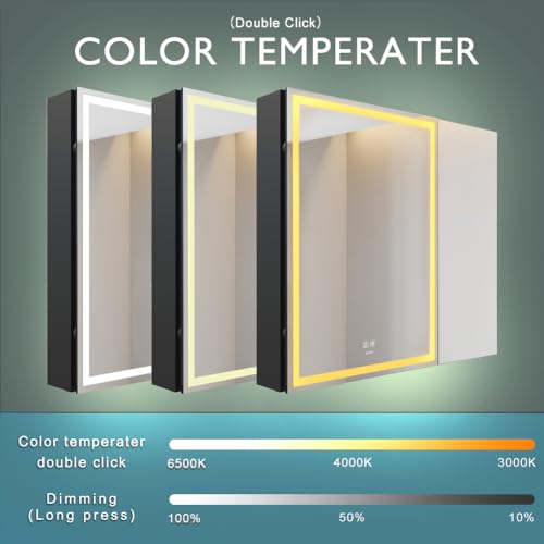 KWW 75 x 70 cm Double Doors LED Lighted Bathroom Medicine Cabinet with Mirror, Defogger, Dimmer, 3 Color Light Makeup Mirror, Outlets & USBs, Easy to Install, Wall Mounted Medicine Cabinet - Image 5