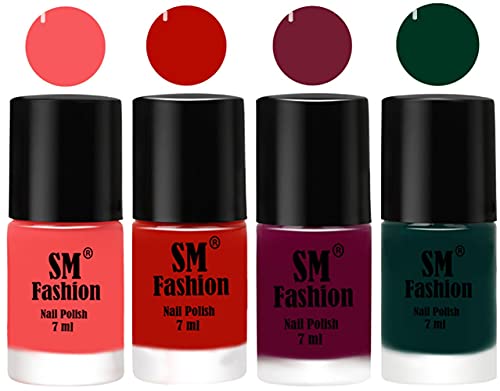 Image of Nail Polish Combo Set (Pack of 4) Quick Dry Gel Finish Nail Paint | Light Pink,Red Orange,Mulberry,Dark Green | 7 ml Each