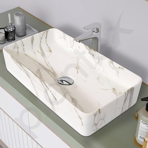 Image of Plantex Wash Basin for Bathroom /Ceramic Tabletop WashBasin /Sink /Basin for Bathroom /Restaurant, Hotel (Marble Finish, 24 x 13 x 5 Inch)